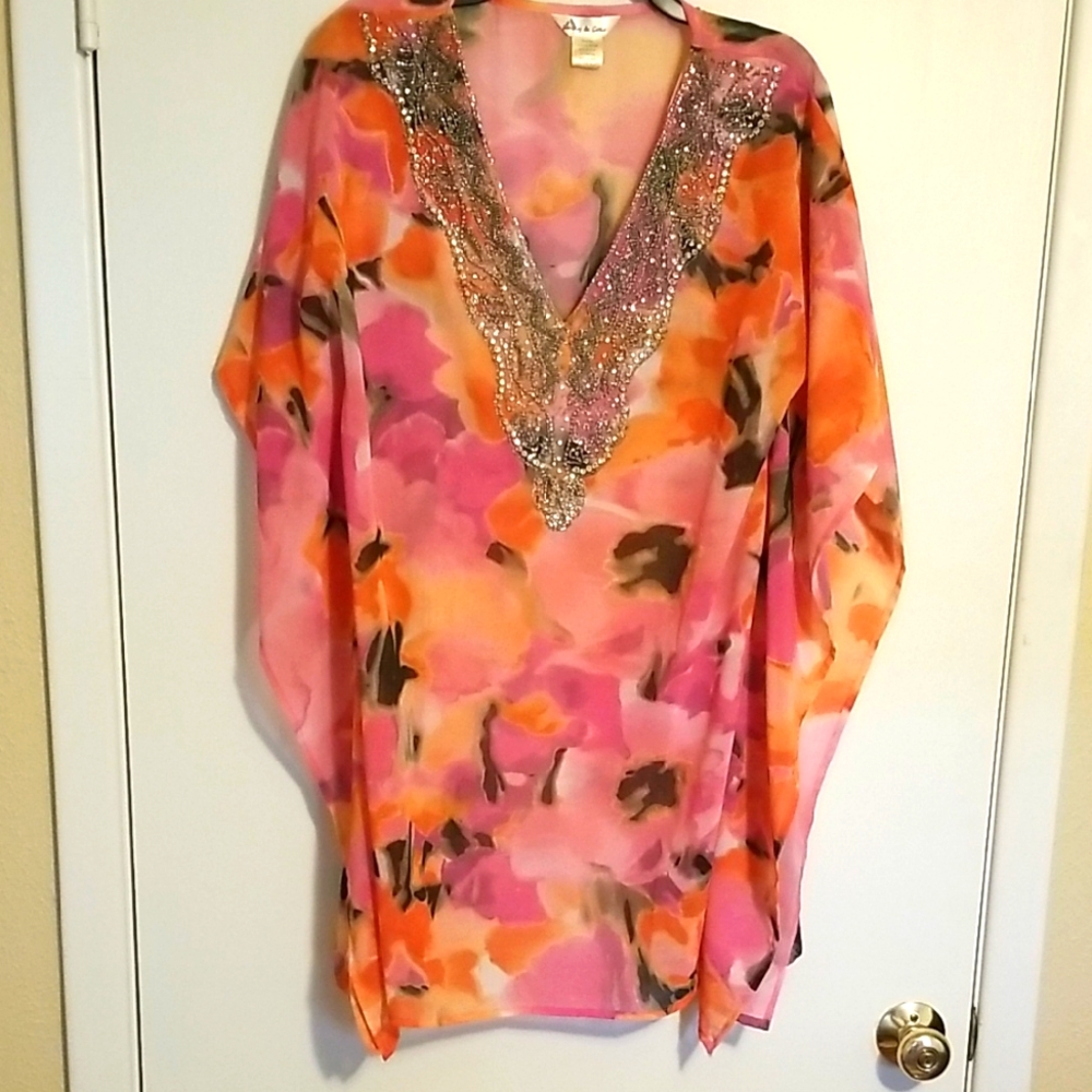 Pink and Orange Floral Kaftan with Embellished Neckline